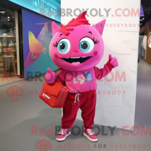 Maskotfigur af en magenta...
