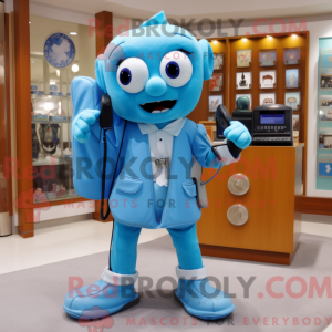 Maskotfigur af en cyan...