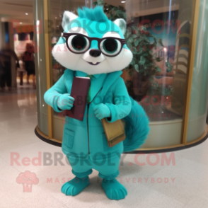 Turquoise Ferret mascot costume character dressed with a Sheath Dress and Eyeglasses