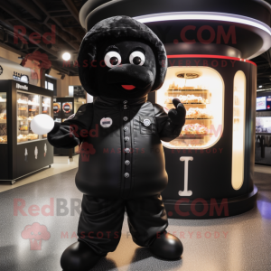 Black Candy Box mascot costume character dressed with a Bomber Jacket and Gloves