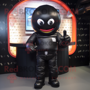 Black Candy Box mascot costume character dressed with a Bomber Jacket and Gloves