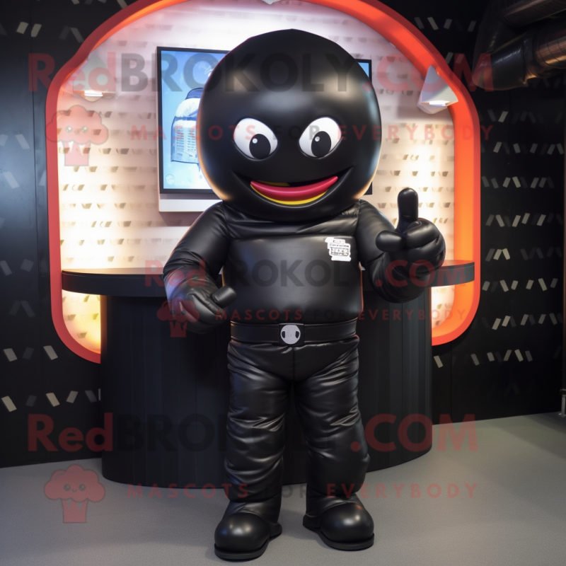 Black Candy Box mascot costume character dressed with a Bomber Jacket and Gloves