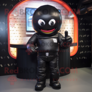 Black Candy Box mascot costume character dressed with a Bomber Jacket and Gloves