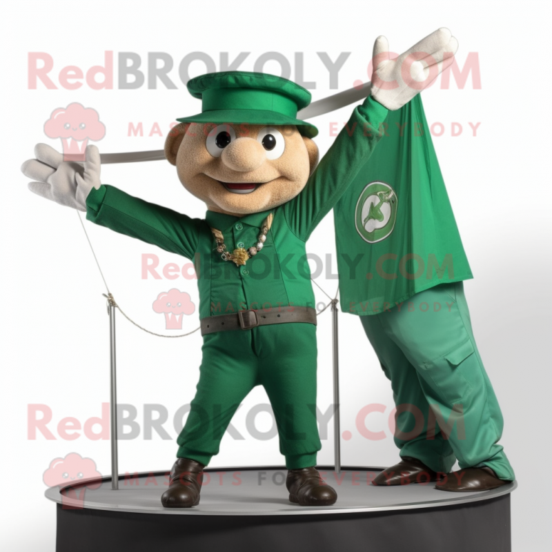 Green Trapeze Artist mascot costume character dressed with a Henley Tee and Berets