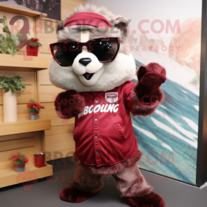 Maroon Ferret mascot costume character dressed with a T-Shirt and Sunglasses