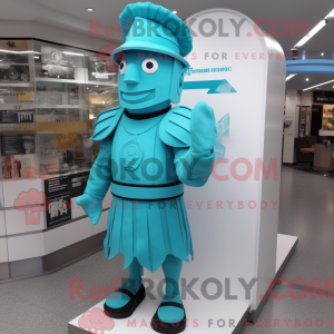 Maskotkarakter av en cyan...