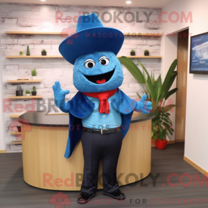 Maskotfigur af en blå...