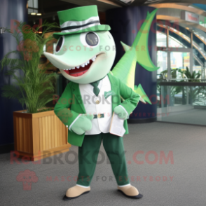 Green Swordfish mascot costume character dressed with a Dress Shirt and Pocket squares