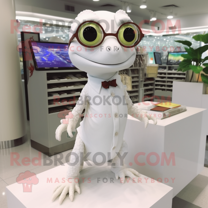 White Geckos mascot costume character dressed with a Dress and Eyeglasses