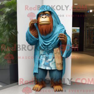 Maskotfigur af en cyan...