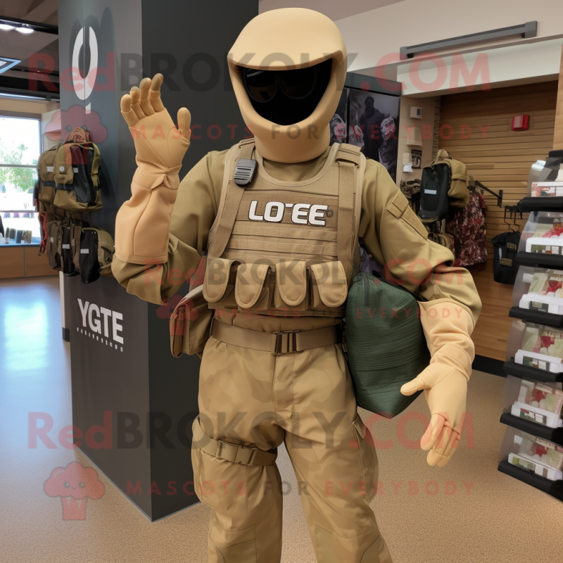 Tan Gi Joe mascot costume character dressed with a V-Neck Tee and Tote bags