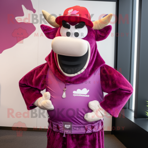 Magenta Beef Stroganoff mascot costume character dressed with a Vest and Hats