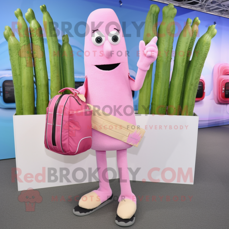 Pink Asparagus mascot costume character dressed with a Henley Shirt and Handbags