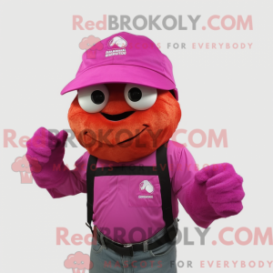 Maskotfigur af en magenta...