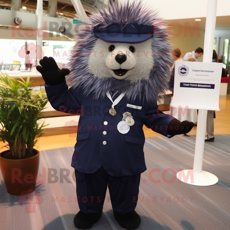 Navy Porcupine mascot costume character dressed with a Suit Pants and Bracelets