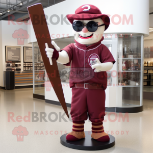 Maroon Knife Thrower mascot costume character dressed with a Polo Shirt and Reading glasses