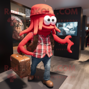 Red Kraken mascot costume character dressed with a Flannel Shirt and Briefcases