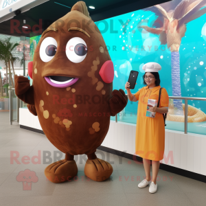 Brown Fish And Chips mascot costume character dressed with a A-Line Dress and Smartwatches