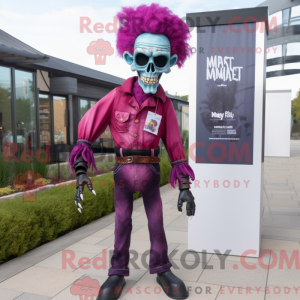 Maskotfigur af en magenta...
