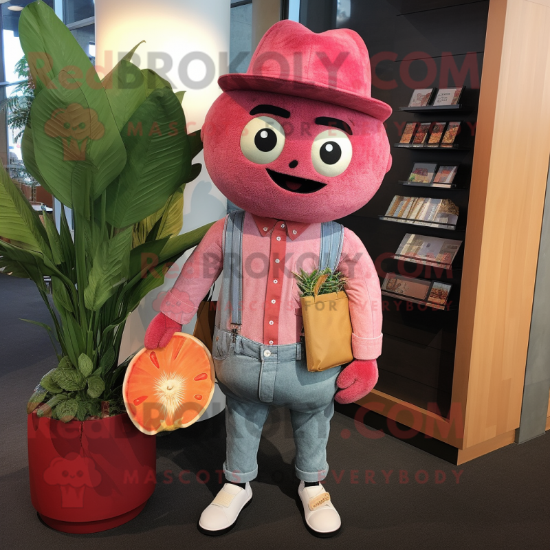 Magenta Grapefruit mascot costume character dressed with a Chambray Shirt and Wallets