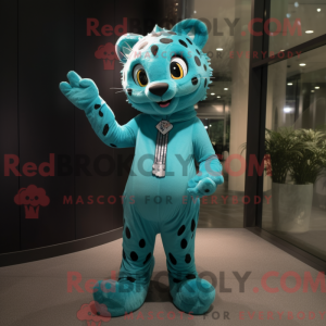 Maskotkarakter af en cyan...