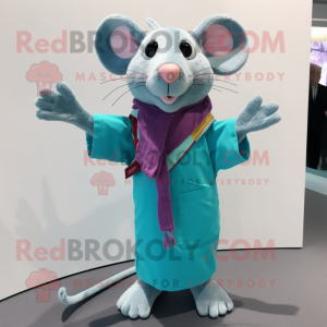 Cyan Rat mascot costume character dressed with a Cardigan and Scarves