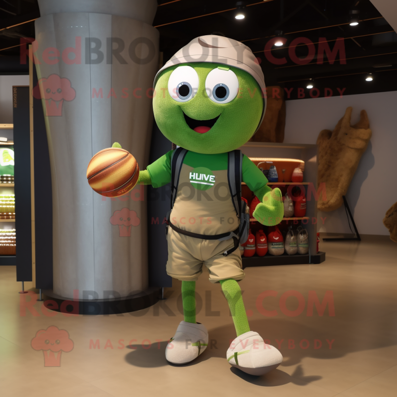 Olive Juggle mascot costume character dressed with a Cargo Shorts and Wraps