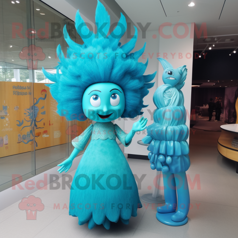 Cyan Queen mascot costume character dressed with a Maxi Dress and Hairpins