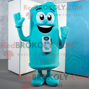 Maskotkarakter af en cyan...