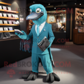 Teal Crow mascot costume character dressed with a Suit Pants and Coin purses