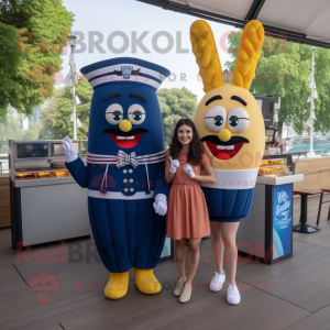 Navy French Fries mascot costume character dressed with a Cocktail Dress and Keychains