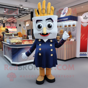 Navy French Fries mascot costume character dressed with a Cocktail Dress and Keychains