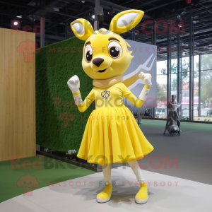 Lemon Yellow Deer mascot costume character dressed with a Maxi Skirt and Shoe laces