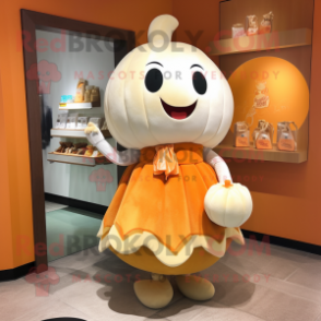 Cream Pumpkin mascot costume character dressed with a Sheath Dress and Coin purses