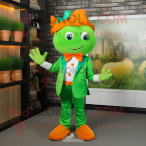 Green Orange mascot costume character dressed with a Suit Pants and Bow ties