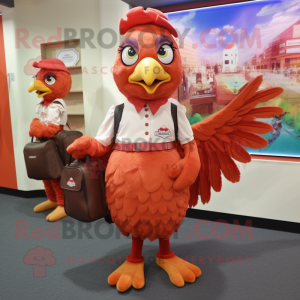Red Pheasant mascot costume character dressed with a Skirt and Messenger bags