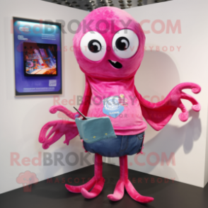 Magenta Squid mascot costume character dressed with a Denim Shorts and Coin purses