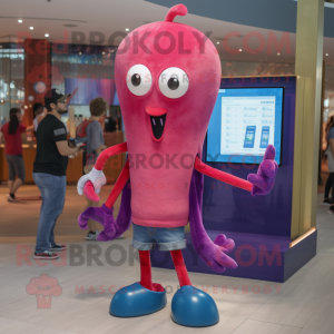 Magenta Squid mascot costume character dressed with a Denim Shorts and Coin purses