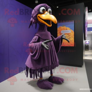 Purple Crow mascot costume character dressed with a Wrap Dress and Shoe laces