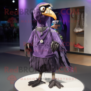 Purple Crow mascot costume character dressed with a Wrap Dress and Shoe laces