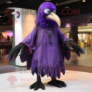 Purple Crow mascot costume character dressed with a Wrap Dress and Shoe laces