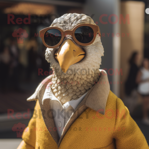 Gold Guinea Fowl mascot costume character dressed with a Cardigan and Sunglasses