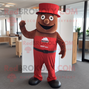 Red Chocolate Bar mascot costume character dressed with a Jumpsuit and Hats