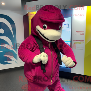 Maskotfigur af en magenta...