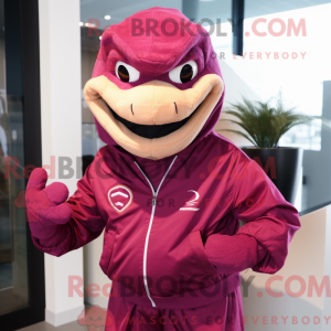Maskotfigur af en magenta...