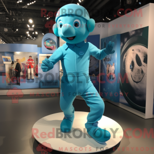 Maskotkarakter af en cyan...