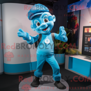 Maskotkarakter af en cyan...