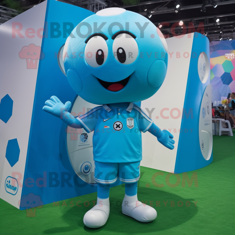 Cyan Soccer Ball mascot costume character dressed with a Romper and Lapel pins
