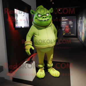 Lime Green Ogre mascot costume character dressed with a Skinny Jeans and Lapel pins