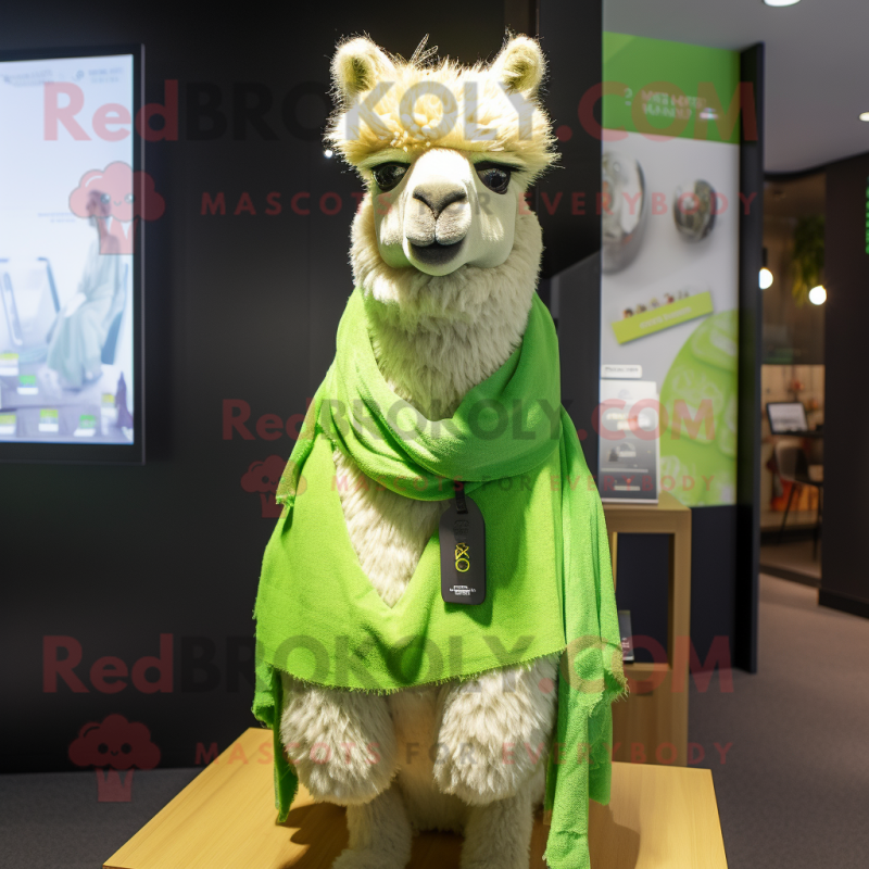 Lime Green Alpaca mascot costume character dressed with a Henley Shirt and Scarf clips